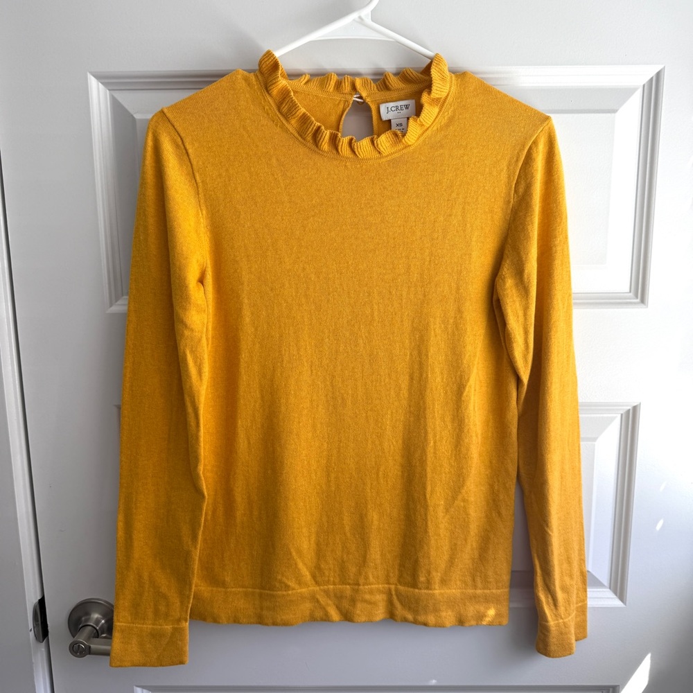 J.Crew Mustard Ruffle Neck Sweater XS – 100% Cotton Layering Top Preppy Chic